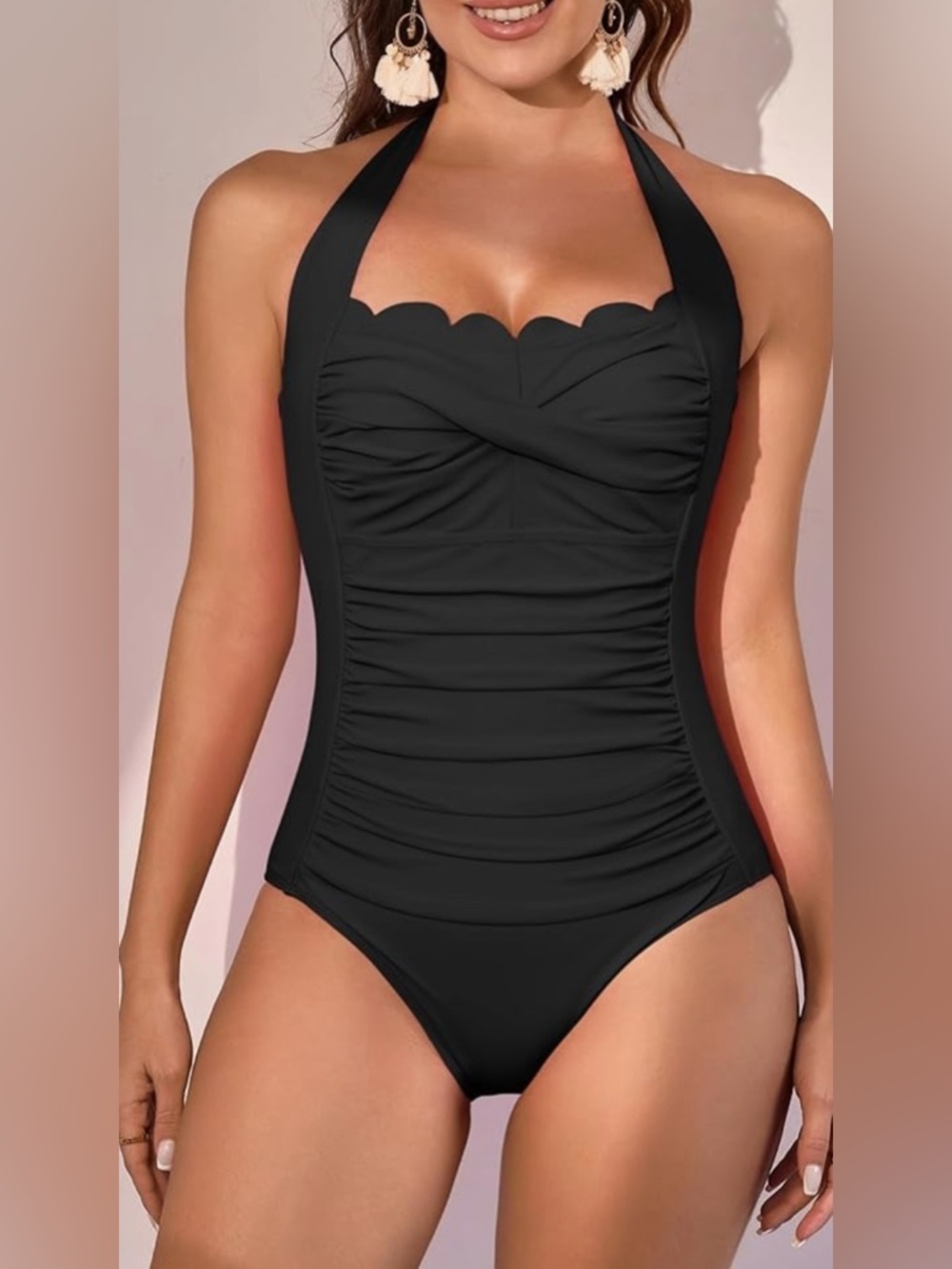 NWT-XL Eomenie Black Halter Scallop 
slimming bottom padded top
adjustable strap